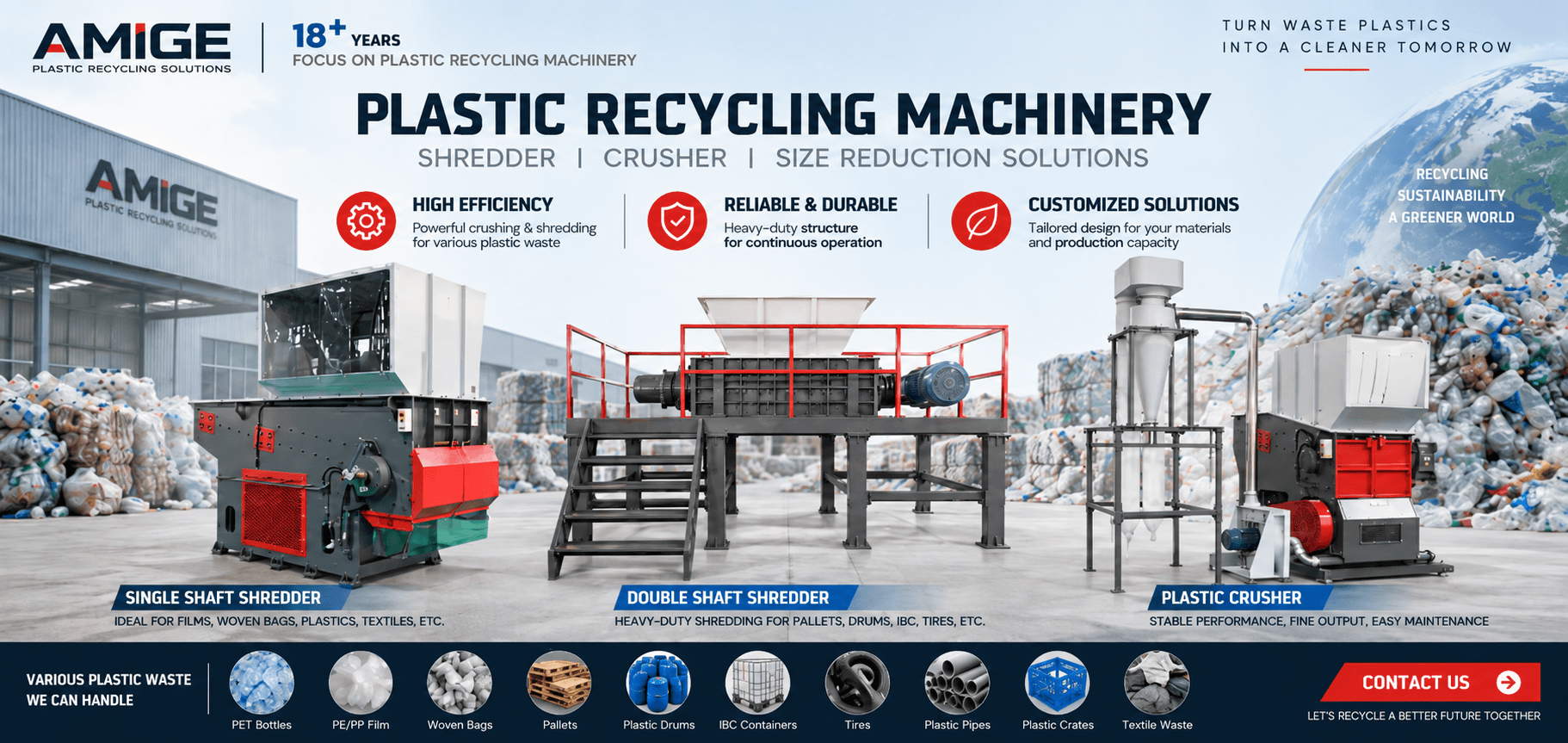 AMIGE plastic shredders and crushers in a recycling facility