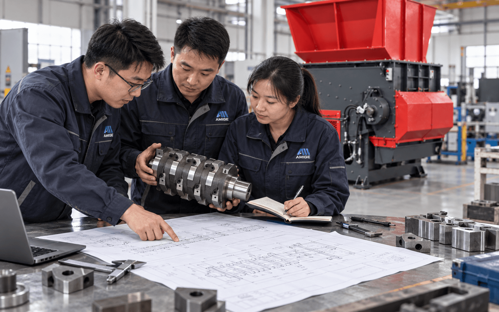 AMIGE engineers reviewing shredder drawings and rotor details