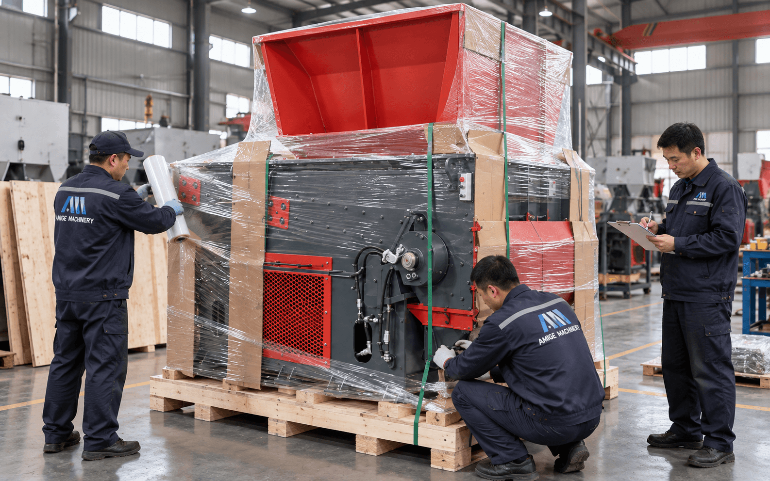 AMIGE employees preparing a plastic shredder for export shipment