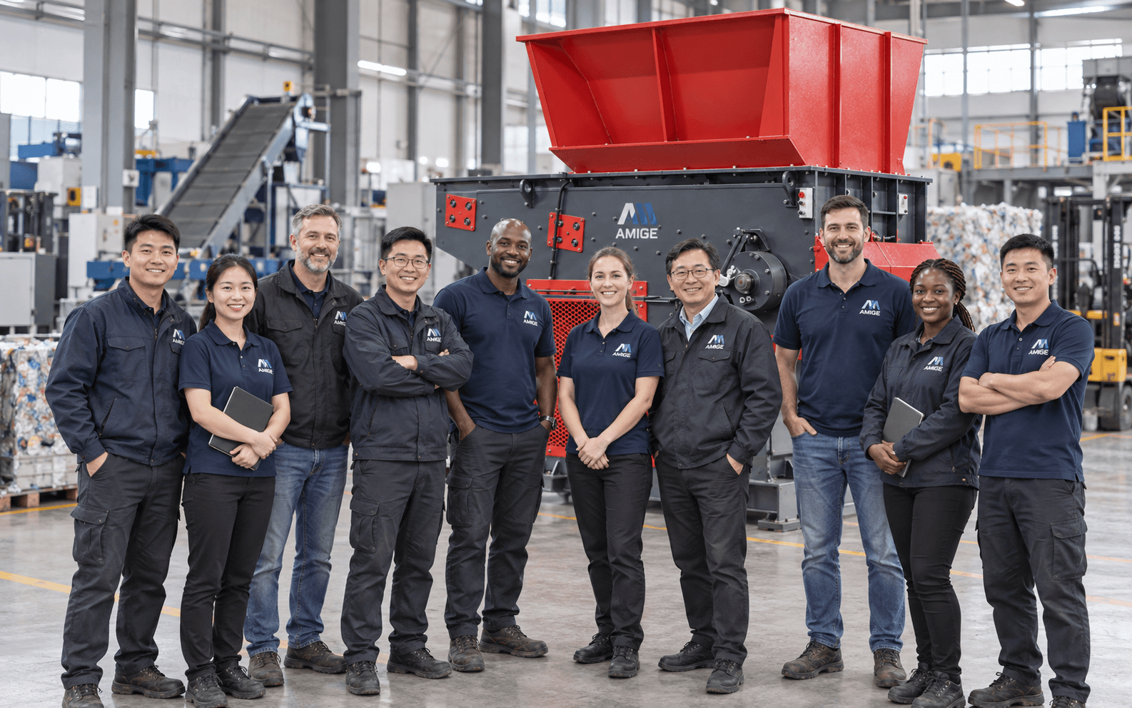 AMIGE employees and international customers in the machinery workshop