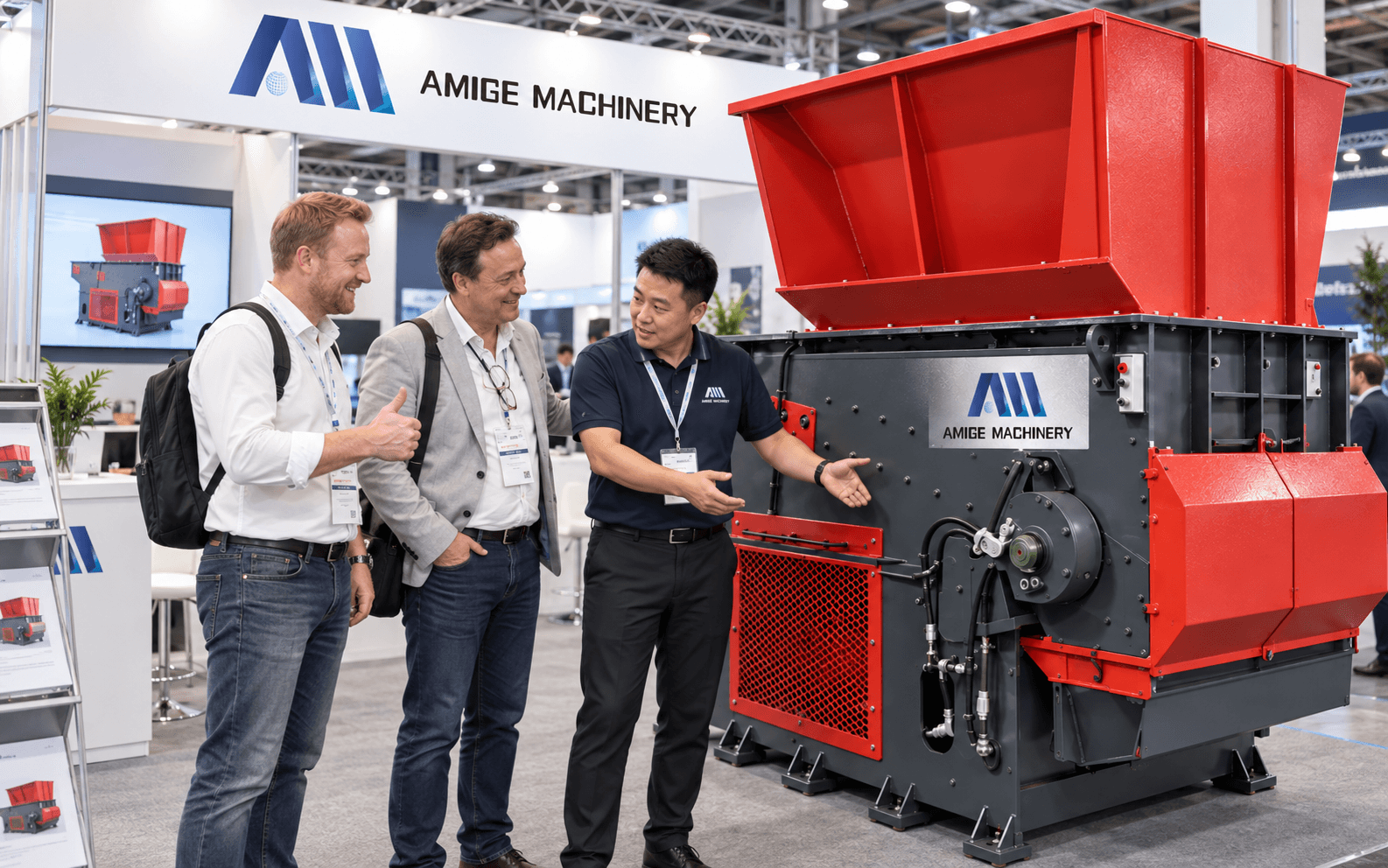 German customers discussing an AMIGE shredder at an industrial exhibition